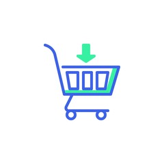 Shopping cart with arrow icon vector, filled flat sign, add to cart bicolor pictogram, green and blue colors. Symbol, logo illustration