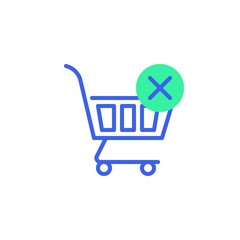 Purchase error icon vector, filled flat sign, shopping cart with cross mark bicolor pictogram, green and blue colors. Symbol, logo illustration