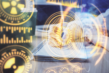 Tech theme hologram over woman's hands taking notes background. Concept of hightech. Double exposure