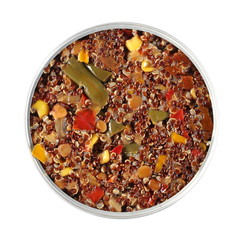 Canned tuna salad with red quinoa isolated on white background, top view