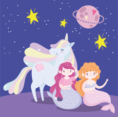 mermaids and unicorn planet love stars heart magic cartoon