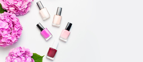 Nail polish, Decorative cosmetics. Set of different varnishes for manicure nails on light background with flowers of pink hydrangea top view Flat lay mock up. Female cosmetics. Beauty blogger concept