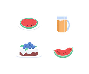 Summer snack flat color vector object set. Cut watermelon with slice for picnic. Beer in mug. Cafe pastry. Restaurant menu isolated cartoon illustration for web graphic design and animation collection