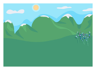 Mountain clearing flat color vector illustration. Highland spot. Rocks and rural meadow. Place with flowers for romantic picnic outdoors. Daytime 2D cartoon landscape with high peaks on background
