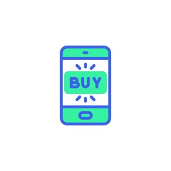 Smartphone buy screen icon vector, filled flat sign, Online mobile shopping bicolor pictogram, green and blue colors. Symbol, logo illustration