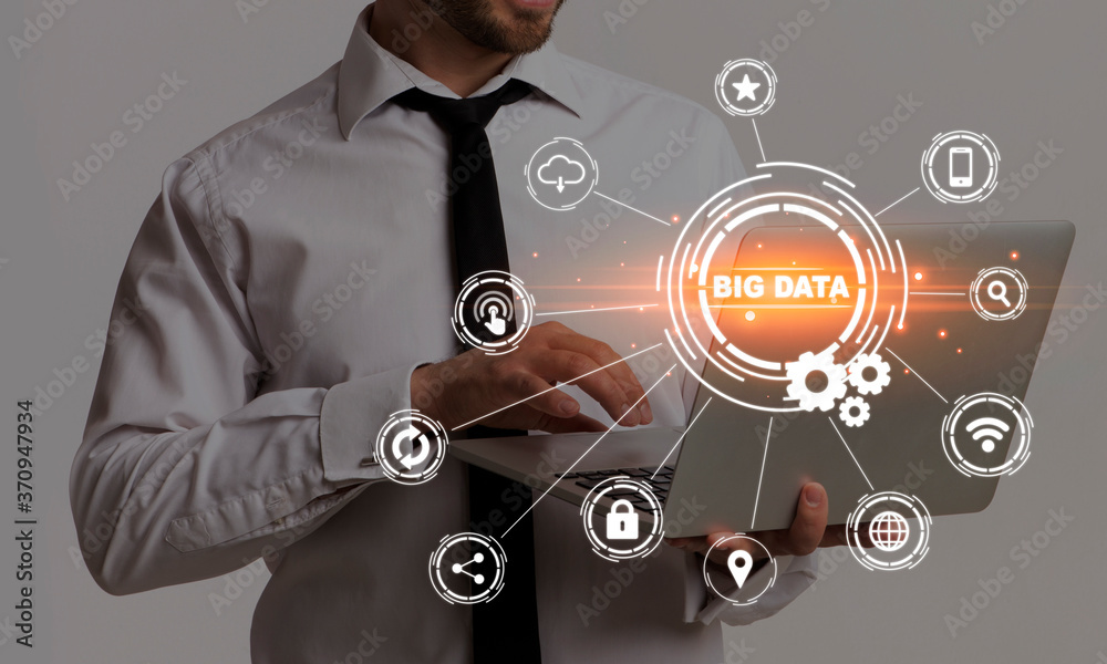 Poster collage with businessman working on laptop, words big data and cyber icons on virtual screen