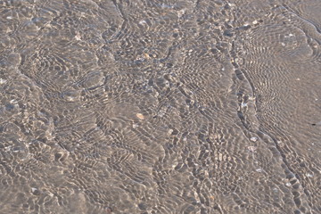  Auf das flache Wasser am Ufer des Meeres kommen kleine Wellen. Von der Sonne bestrahlt, produzieren sie viele kleine Schatten auf dem Sand des Meeres Bodens.