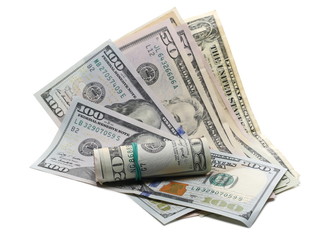 American dollar bills with tied and rolled up bundle, cash money, banknotes pile isolated on white background 