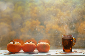 Autumn background with three pumpkins, dry leaves and cup with hot tea on a window board in a rainy day.