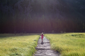 A little girl walks along the path to the mountain. Hiking, outdoor activities.