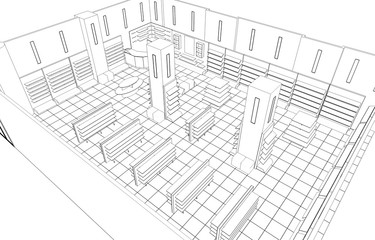 shopping mall, contour visualization, 3D illustration, sketch, outline