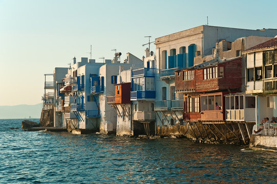 Alefkandra, Little Venice (Mikri Venetia) in a greek island of Mykonos, Greece  at sunset
