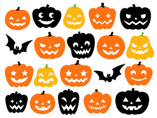 色々な顔のハロウィンのカボチャとコウモリのイラストアイコンセット