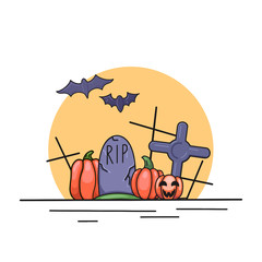 Festive contour illustration for Halloween. Contour bats, pumpkin, lantern, headstone and crosses against the background of the full moon. Vector element for invitations, cards, banners