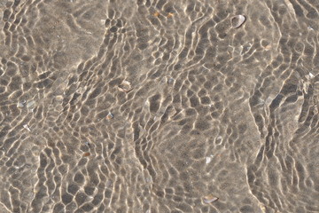  Auf das flache Wasser am Ufer des Meeres kommen kleine Wellen. Von der Sonne bestrahlt, produzieren sie viele kleine Schatten auf dem Sand des Meeres Bodens.