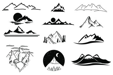 Hand drawn mountain peaks doodle set. For design