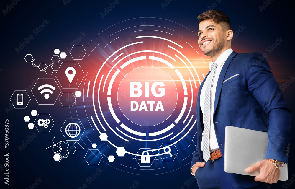Poster big data concept with smiling businessman and computer icons, creative collage