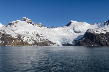 Fototapeta na wymiar King Haakon Bay, snow covered mountains and glaciers, South Georgia, South Georgia and the Sandwich Islands, Antarctica