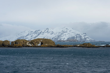 Snow covered mountains in clouds, Prion Island, South Georgia, South Georgia and the Sandwich Islands, Antarctica