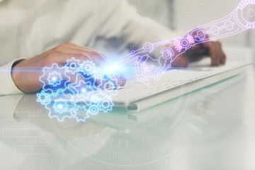 Multi exposure of tech drawings with man working on computer background. Concept of innovation.