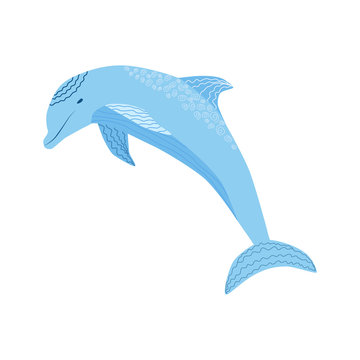 Cute colorful childish cartoon black outline dolfin isolated on a white background. Underwater creature
