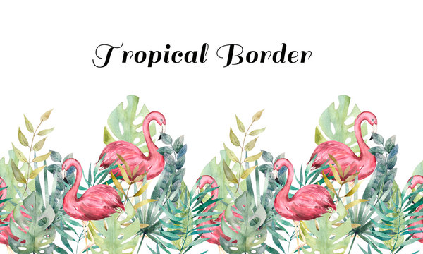 Watercolor illustration. Seamless pattern with pink flamingos and tropical leaves