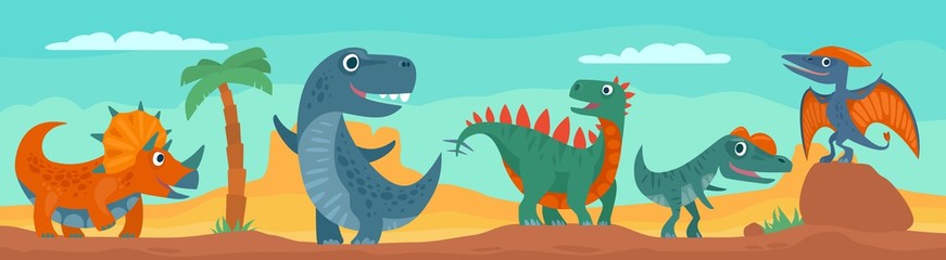 Dinosaurs, mountains, palm, cactus and sky with clouds. Vector flat illustration