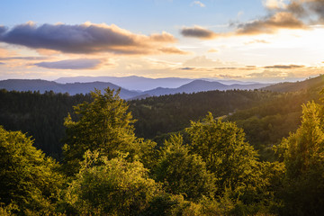 Sunset in mountain landscape.