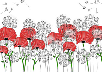 Creative hand drawn withered dandelions and red poppies with stalks, isolated, cartoon style
