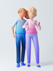 Cartoon character man and woman with smartphone. Concept of online delivery or chat between a guy and a girl. 3d rendering