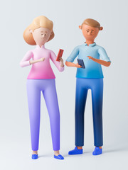 Cartoon character man and woman with smartphone. Concept of online delivery or chat between a guy and a girl. 3d rendering