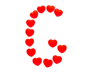 The letter G is made up of small red hearts isolated on a white background. Bright red font.