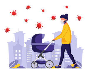 Man walking with baby carriage during pandemic. Man in face mask. Outdoor activities during pandemic. Vector illustration in flat style.