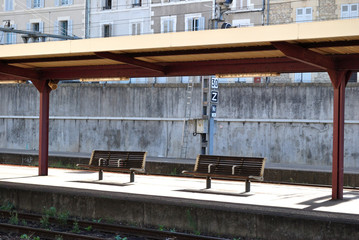 Benches on Public Covered Platform in French Railway Station 