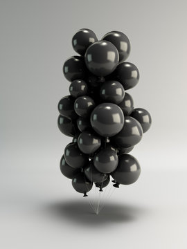Black balloons 3d render over grey background