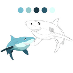 Coloring page for children. Isolated cartoon drawing shark with a set of colors