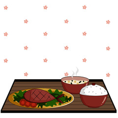 set of Japanese food, rice with fried fish and miso soup, vector illustration