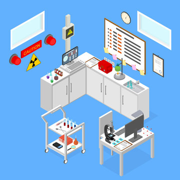 Laboratory Room with Furniture Isometric View. Vector
