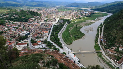 Old town at river shore .Berat old town, city center and university. View from Berat castle, Albania