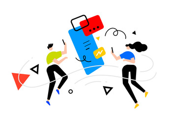 social network concept, vector business illustration of a man and woman with smart phone, people communication