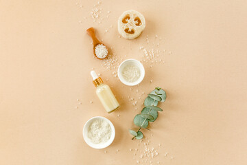 Spa treatment concept. Natural/Organic spa cosmetics products with eucalyptus oil, sea salt, massage brush, eucalyptus leaf extract. Spa background