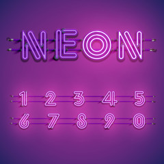 Realistic dashed neon font with shadows, glow and wires