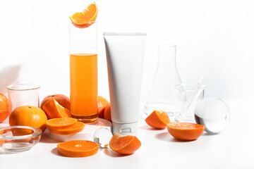 beauty treatment medical skincare and cosmetic lotion cream serum oil mockup bottle packaging product with orange fruit background in healthcare and medicine