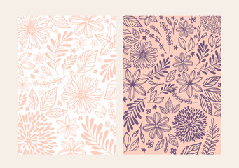 Set of floral and abstract pattern with flowers, branches and leaves, hand drawn background. Sweet cute drawing in doodle style for design of childrens, romances, holidays