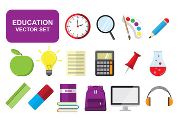 stationery and education flat design icon set, business and communication, e-book and e-learning, sign and symbol, calculator and magnifier, commerce and office, vector modern, teaching and learning.
