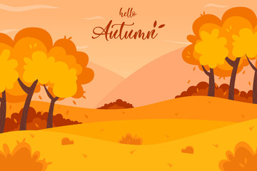 Autumn landscape background. Hello Autumn lettering logo, vector illustration.