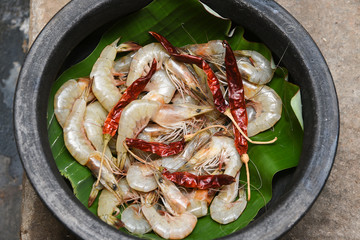 Fresh raw shrimp, prawn in Kerala India. Seafood in coastal area Alappuzha South Indian and Sri Lanka, Malaysia, Thailand, Singapore.