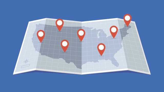 Animation of the location markers appearing over the map of the United States od America / USA