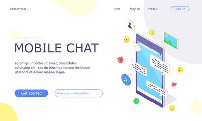 Isometric mobile social media chat app banner. Online application with message, emoji and bubble concept for network