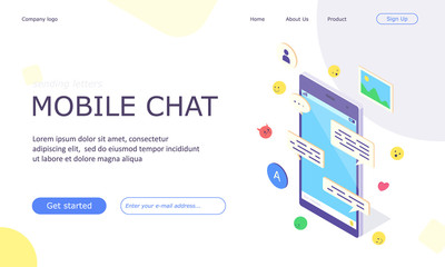 Isometric mobile social media chat app banner. Online application with message, emoji and bubble concept for network